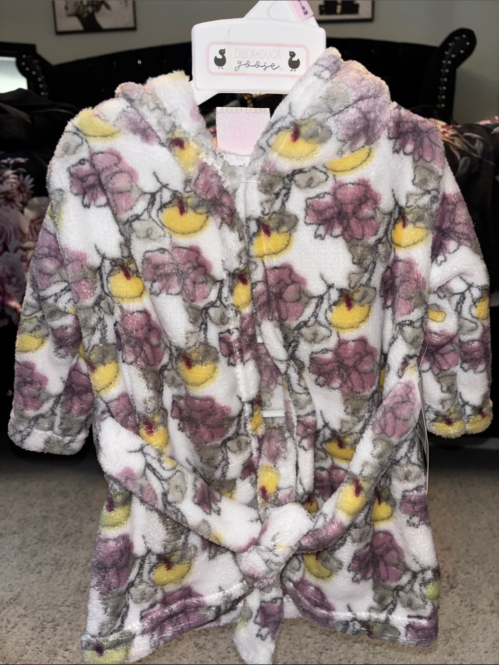 Baby Plush Hooded Robe with Pink Floral & Yellow Accents